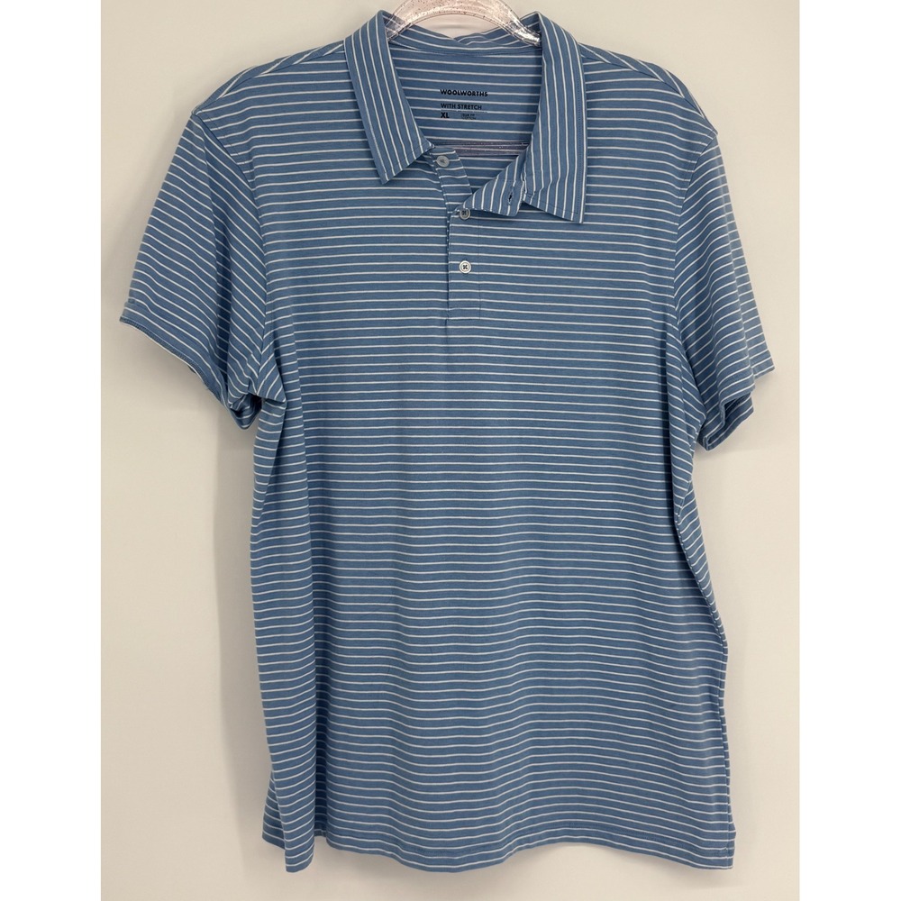 Woolworths‎ Mens Slim Blue White Striped Short Sleeve Cotton Stretch Polo Sz XL